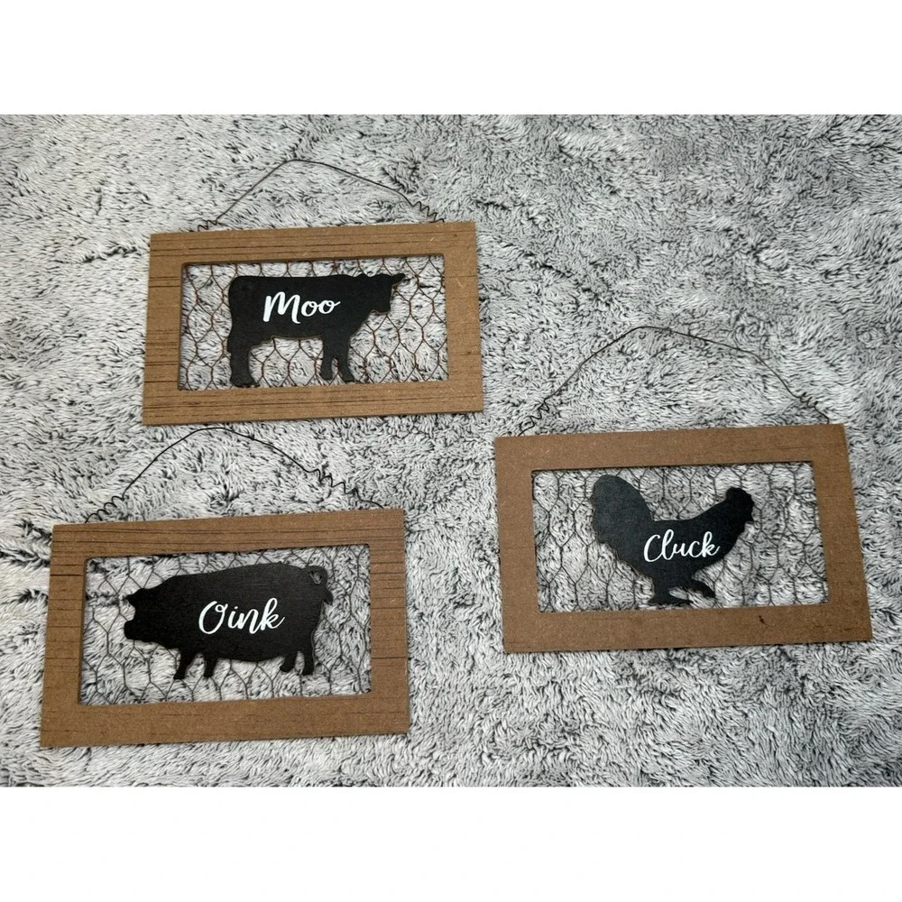 Farmhouse Hanging Wood Signs Chicken Pig Cow Rooster Rustic Decor